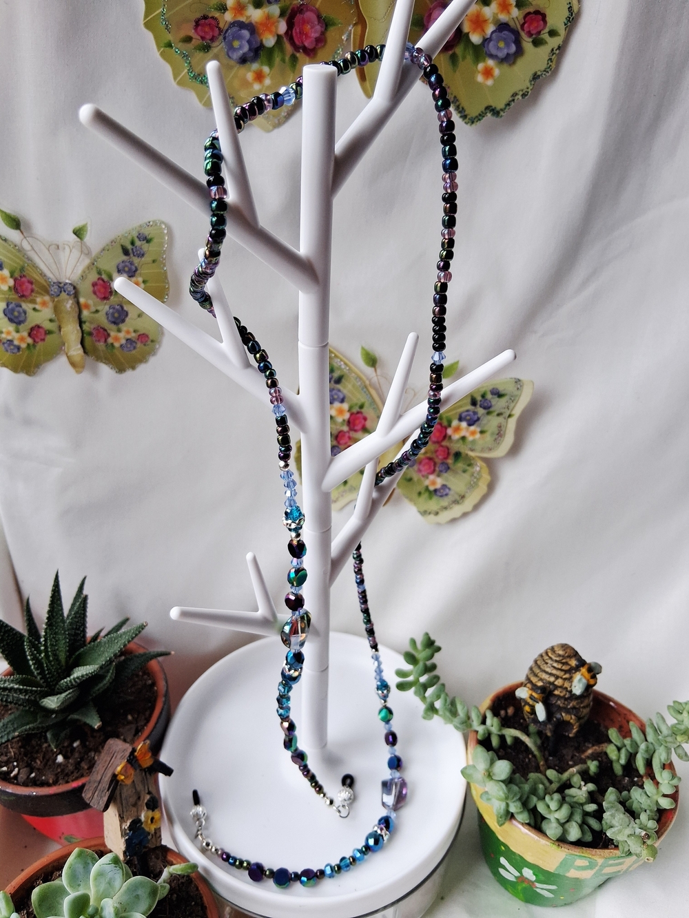 Glass Baroque Vitrail And Hematite Blue Beaded Long Necklace